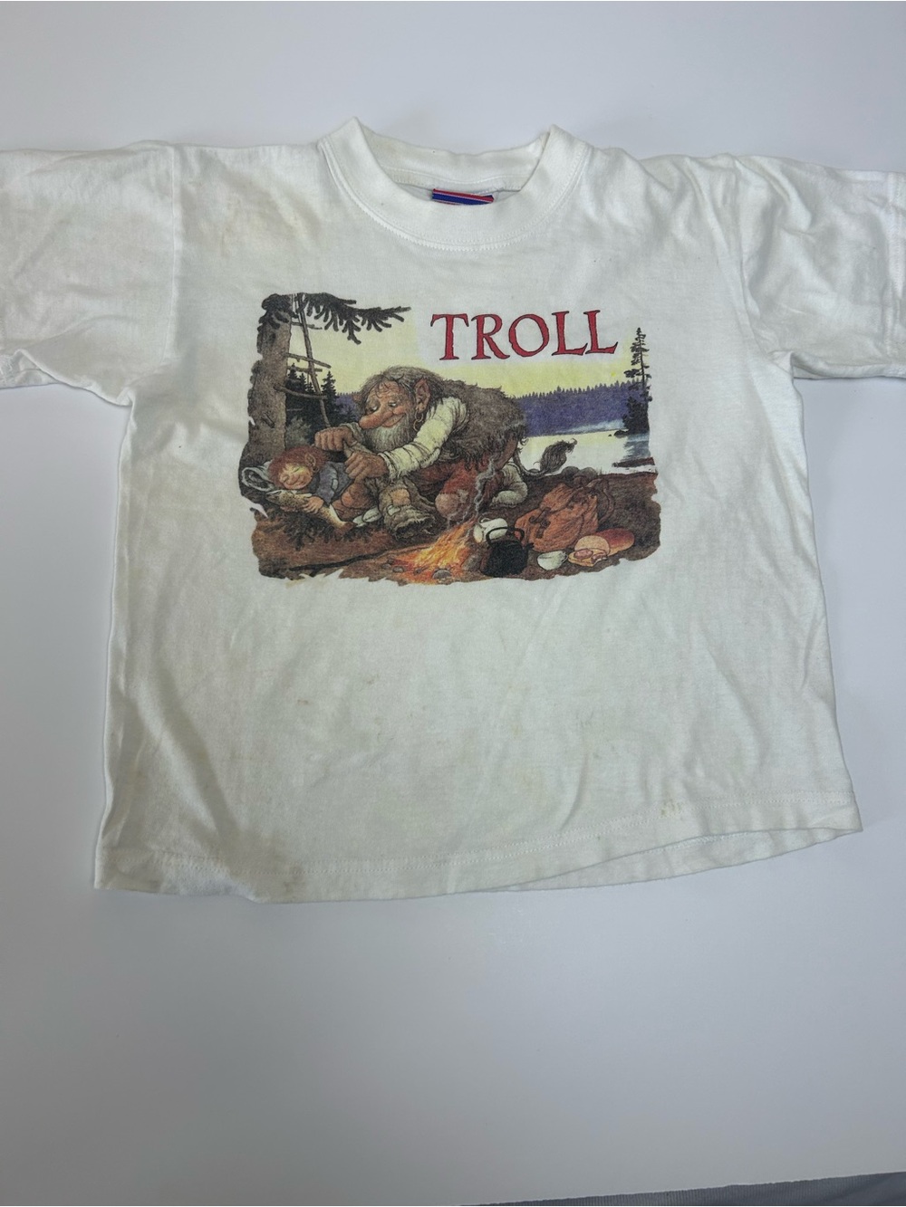 Vintage Kids Troll Graphic T Shirt White Fairy Tale Tee Size 6-8 Made USA